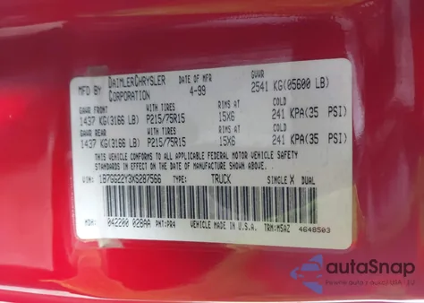 1999 Dodge Dakota Slt/Sport z USA, uszkodzony, nr VIN 1B7GG22Y3XS287566